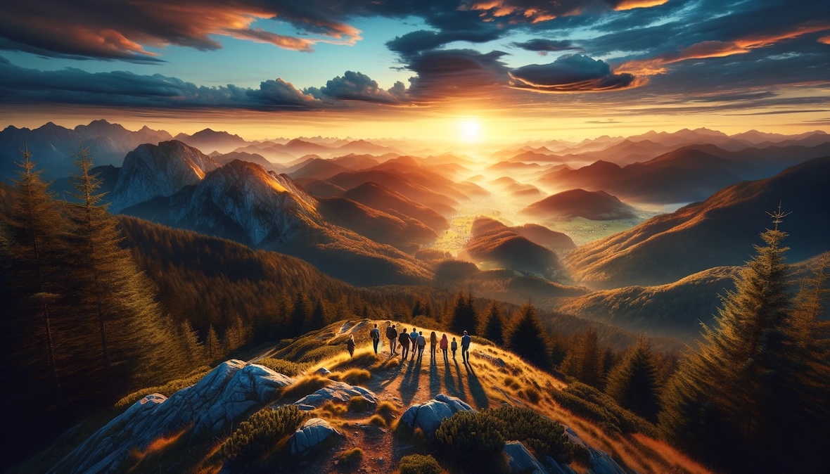 Eine atemberaubende Landschaft, gesehen von einem Bergpfad bei Sonnenuntergang, mit einer Gruppe von Wanderen im Vordergrund, die die Aussicht bewundern.