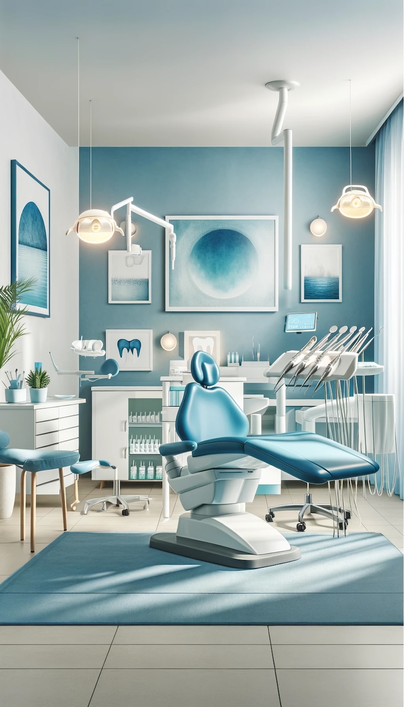 Ein einladendes Zahnarztpraxis-Interieur mit modernen Geräten und beruhigender blau-weißer Dekoration, das eine stressfreie Atmosphäre betont.