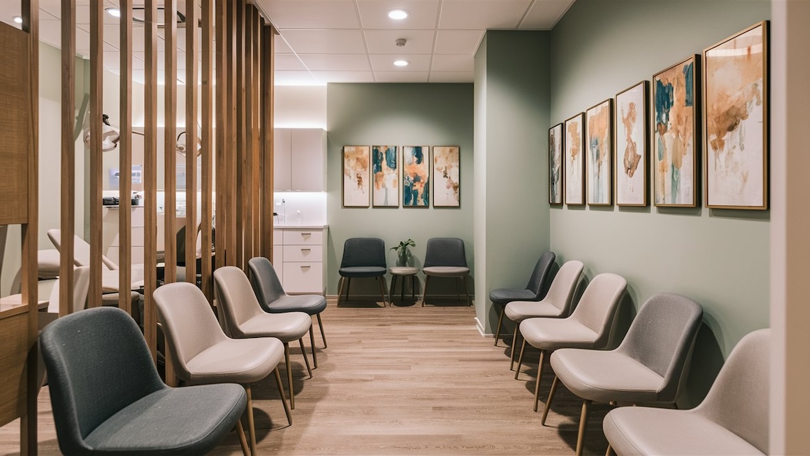 Ein detaillierter Blick in den Wartebereich einer Zahnarzt-Praxis, gestaltet um Patienten zu beruhigen. Der Raum verfügt über bequeme Sit  zgelegenheiten, zeitgemäße Dekoration in neutralen Tönen und eine Auswahl beruhigender Gemälde an den Wänden