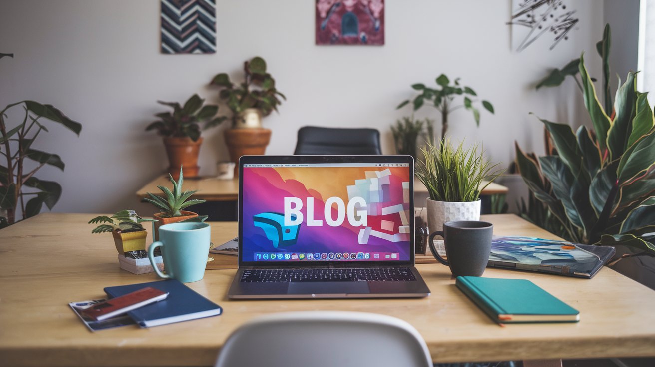 Laptop zeigt einen farbenfrohen Blog, umgeben von Notizbüchern, Pflanzen und einer Kaffeetasse – symbolisiert kreatives Marketing und Blogging